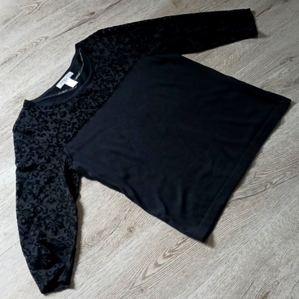 August Silk Petite PL Black Sweater with sheer flocked neckline & sleeves